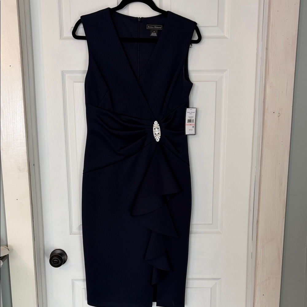 Jessica Howard Navy Midi Dress with Brooch